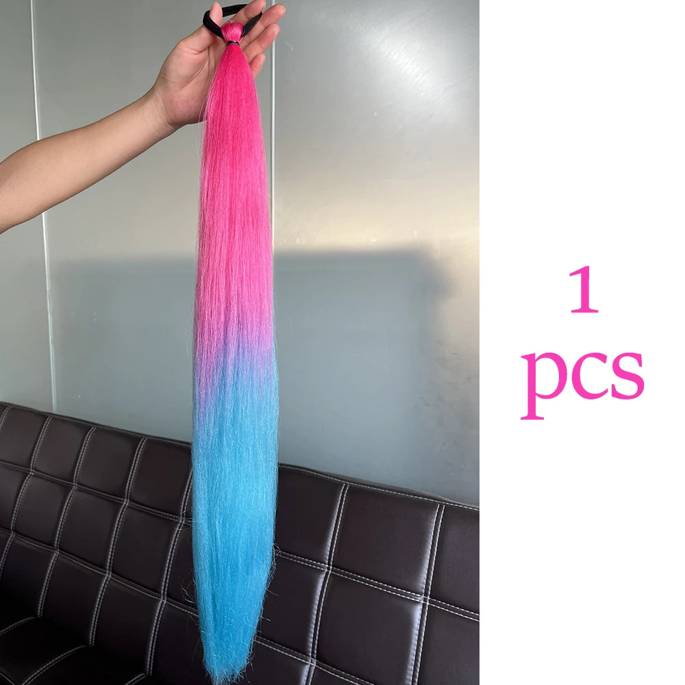 Synthetic Ponytail Hair Extension 2pcs – Long Straight, Colorful, Braiding Hairpiece with Rubber Band