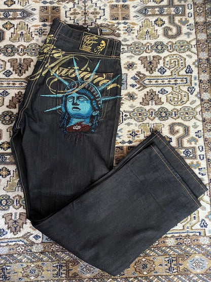Y2K Wide Leg Jeans – Statue of Liberty Diamond Denim Pants