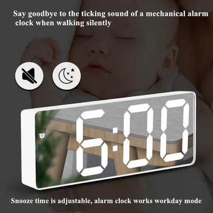 Digital LED Alarm Clock – Mirror Display, Voice Control & Snooze