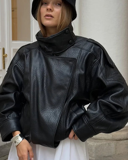 Women's Faux Leather Jacket – Asymmetric Zip Stand Collar Coat