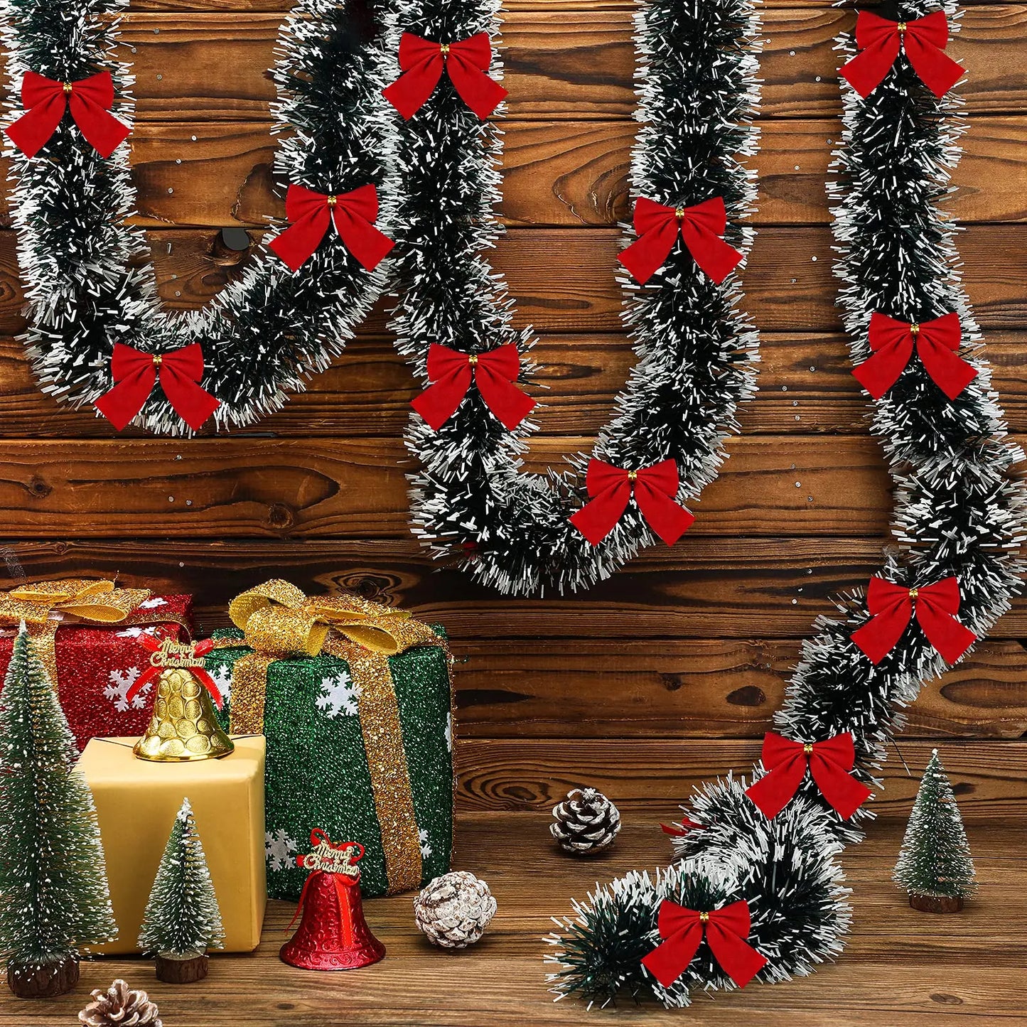 Christmas Garland with Red Bows – Artificial Tinsel Decoration