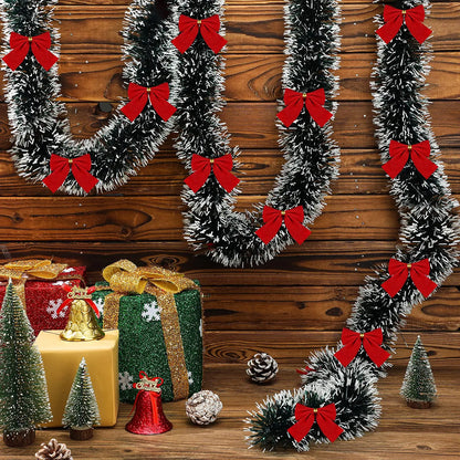 Christmas Garland with Red Bows – Artificial Tinsel Decoration