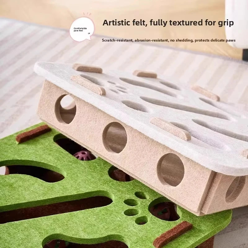 Cat Puzzle Box Toy with Felt Ball Tracks & Holes