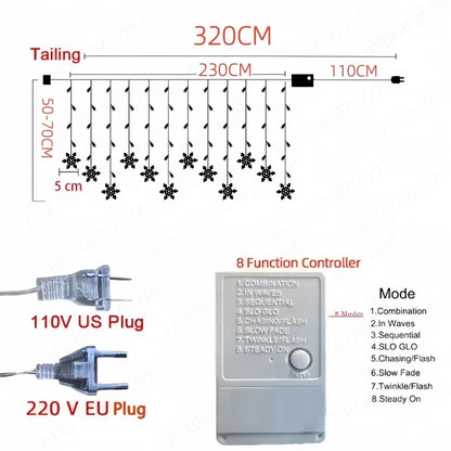 Christmas Snowflake LED Curtain String Lights – 3.2m Fairy Lights