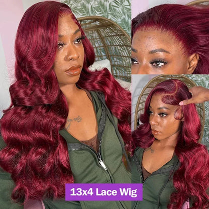 99J Burgundy Body Wave Lace Front Wig Human Hair 250% Density 13x4 HD Lace