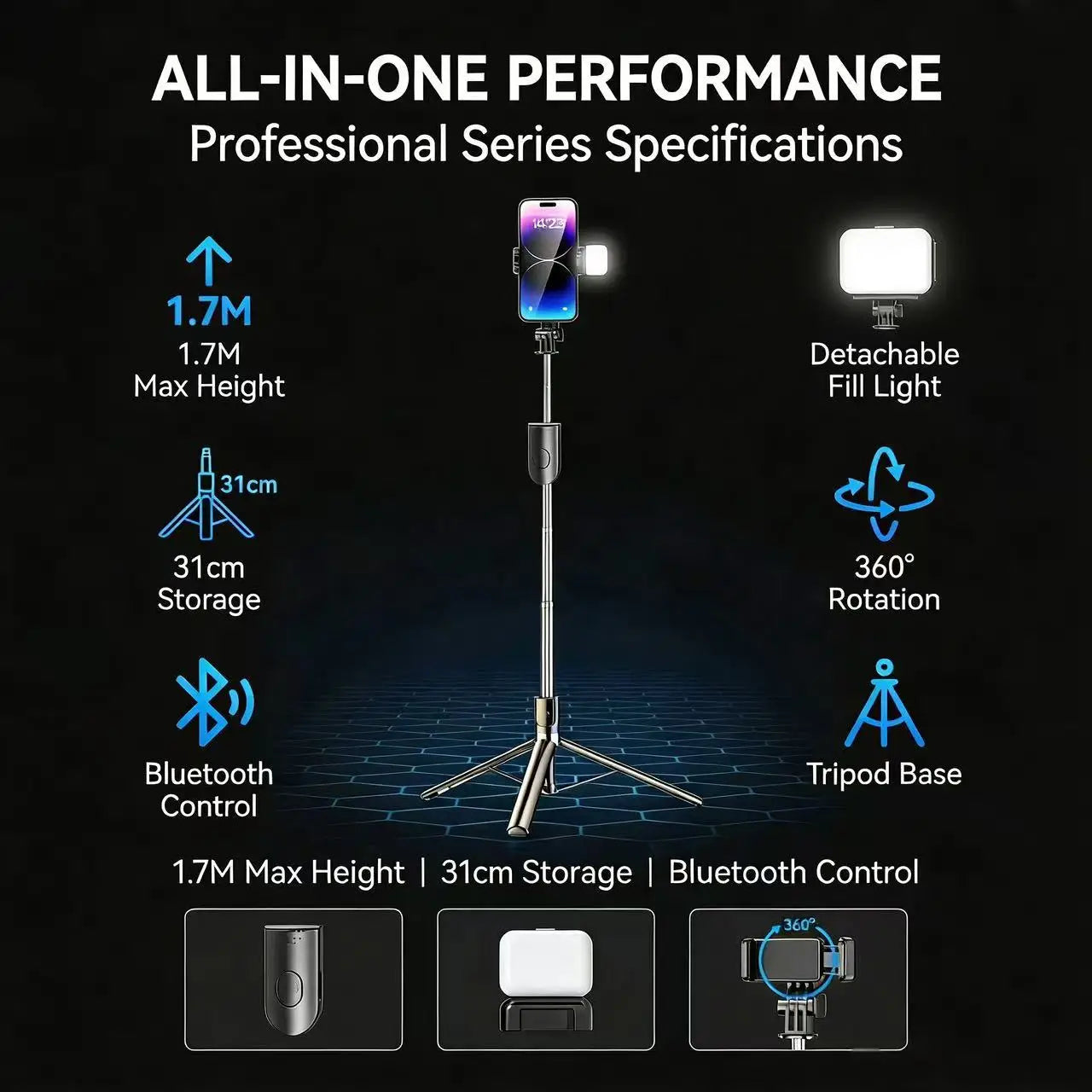 Selfie Stick Tripod 170cm Aluminum with 360° Rotation & LED Light