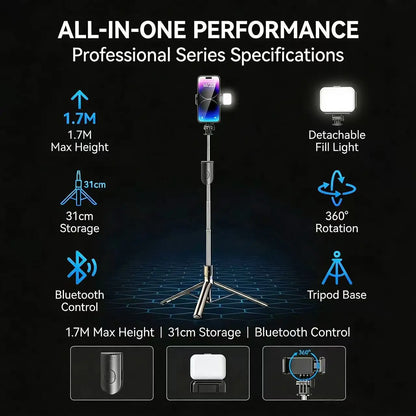 Selfie Stick Tripod 170cm Aluminum with 360° Rotation & LED Light