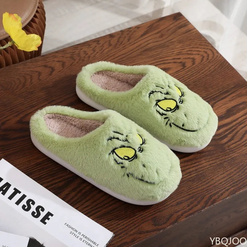 Green Monster Plush Slippers – Cozy Fuzzy Indoor Home Shoes