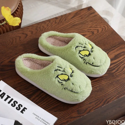 Green Monster Plush Slippers – Cozy Fuzzy Indoor Home Shoes