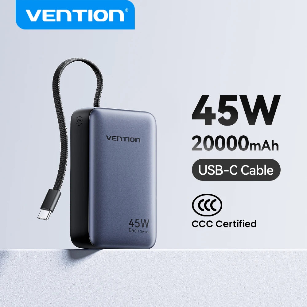 Vention 20000mAh Power Bank 45W Fast Charging with Built-In USB-C Cable