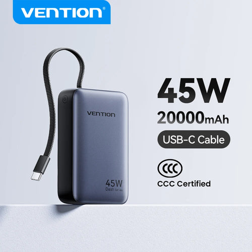 Vention 20000mAh Power Bank 45W Fast Charging with Built-In USB-C Cable