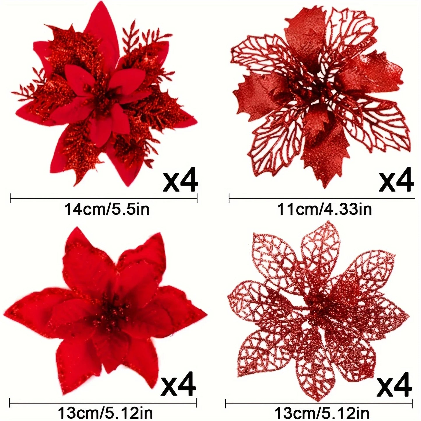 Glitter Artificial Christmas Poinsettia Flowers – 8 or 16 Piece Set