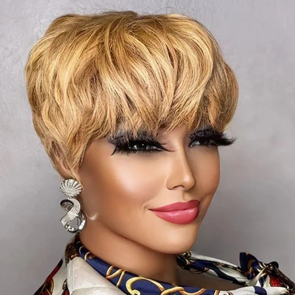 Short Pixie Cut Human Hair Wig with Bangs for Black Women