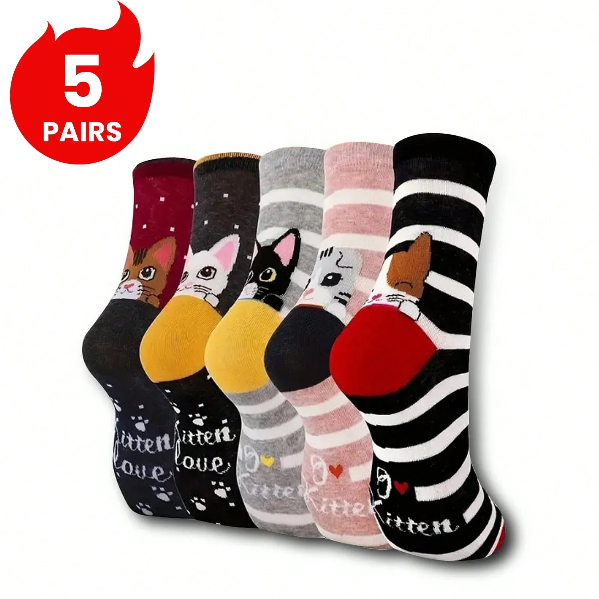 5 Pairs Cute Cat Pattern Women’s Crew Socks