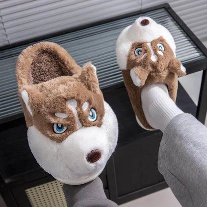 Husky Dog Fluffy Slippers – Cute Cartoon Indoor House Shoes