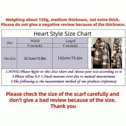 Women's Heart Pattern Plaid Blanket Scarf with Tassels