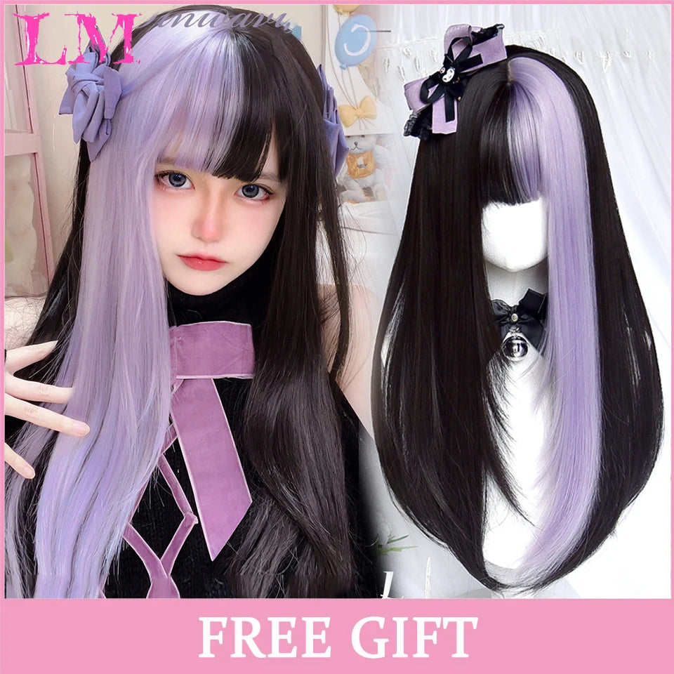 Cosplay Synthetic Wig with Bangs – Long Straight 24 Inch, Heat Resistant