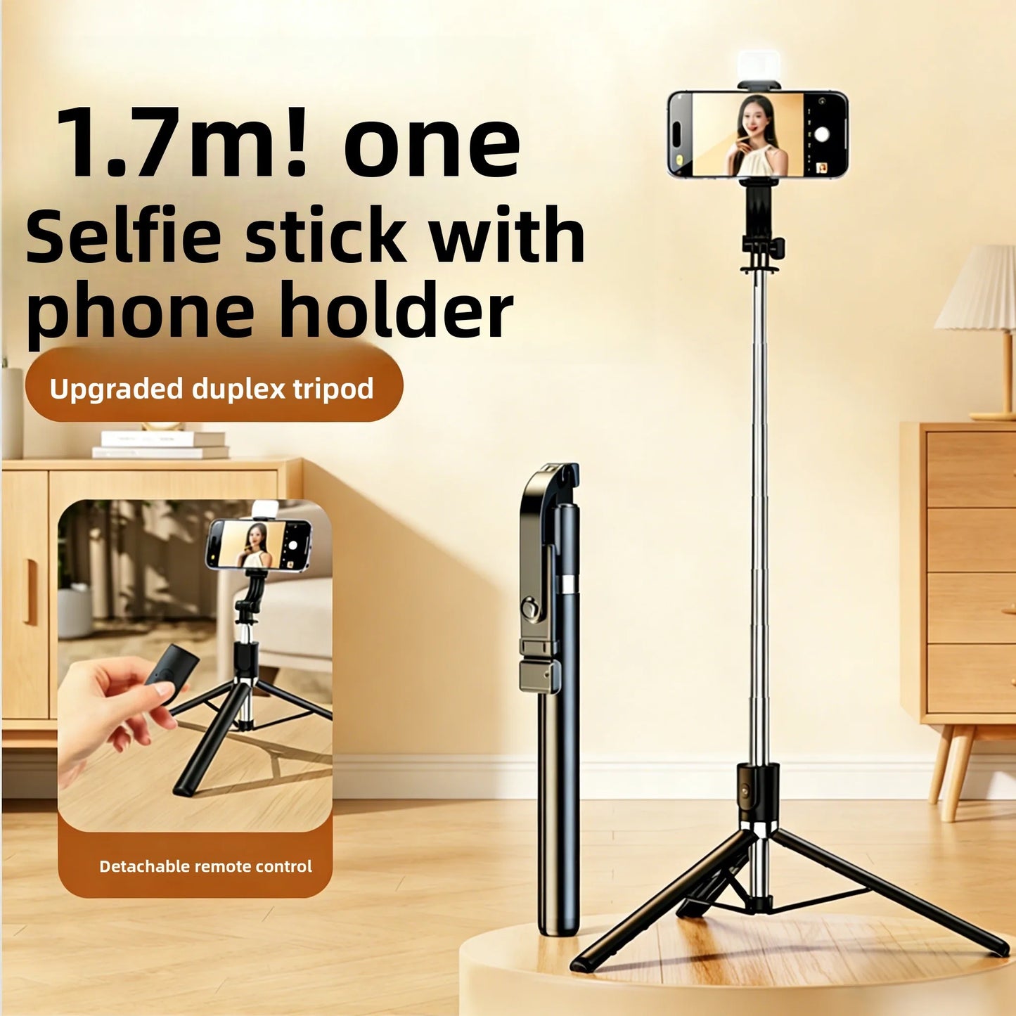 Selfie Stick Tripod 170cm Aluminum with 360° Rotation & LED Light