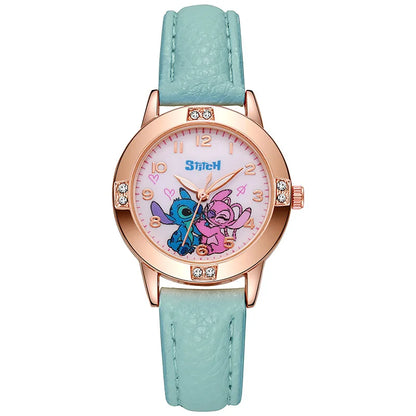 Stitch Kids Watch for Girls – Leather Strap Rhinestone Cartoon Dial