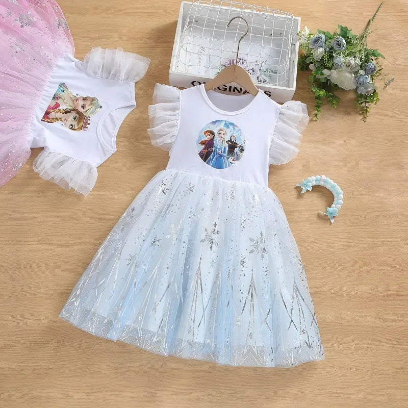 Frozen Elsa & Anna Girls Dress with Tulle Skirt