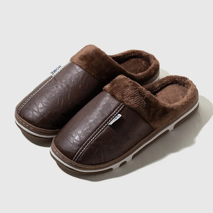Winter Fur-Lined PU Leather Slippers – Unisex Plus Size