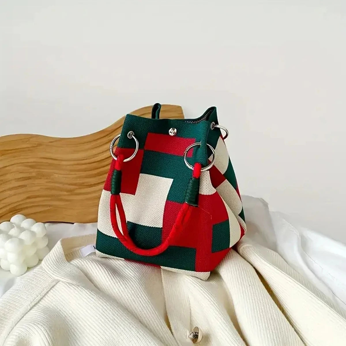 Color-Block Knitted Bucket Bag – Retro Striped Handbag