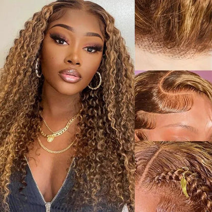 Honey Blonde Highlight Deep Wave Lace Front Wig 13x4 Human Hair