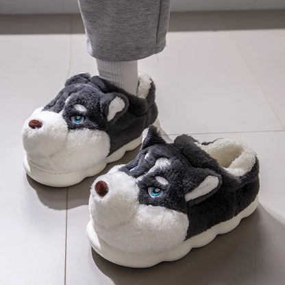 Husky Dog Fluffy Slippers – Cute Cartoon Indoor House Shoes