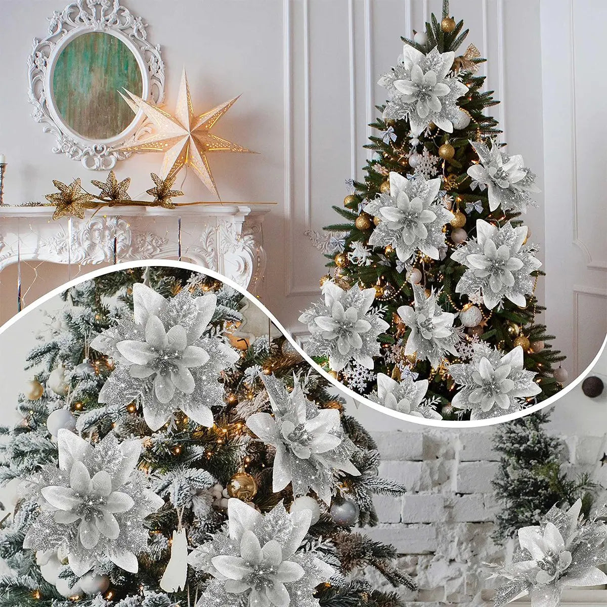 Glitter Artificial Poinsettia Christmas Tree Ornaments