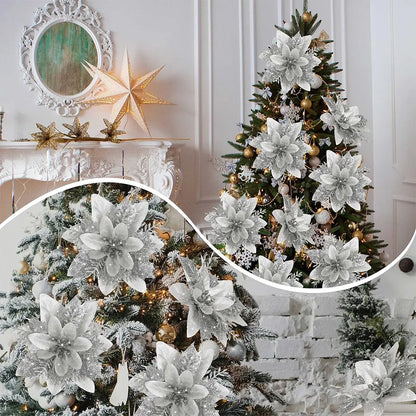 Glitter Artificial Poinsettia Christmas Tree Ornaments