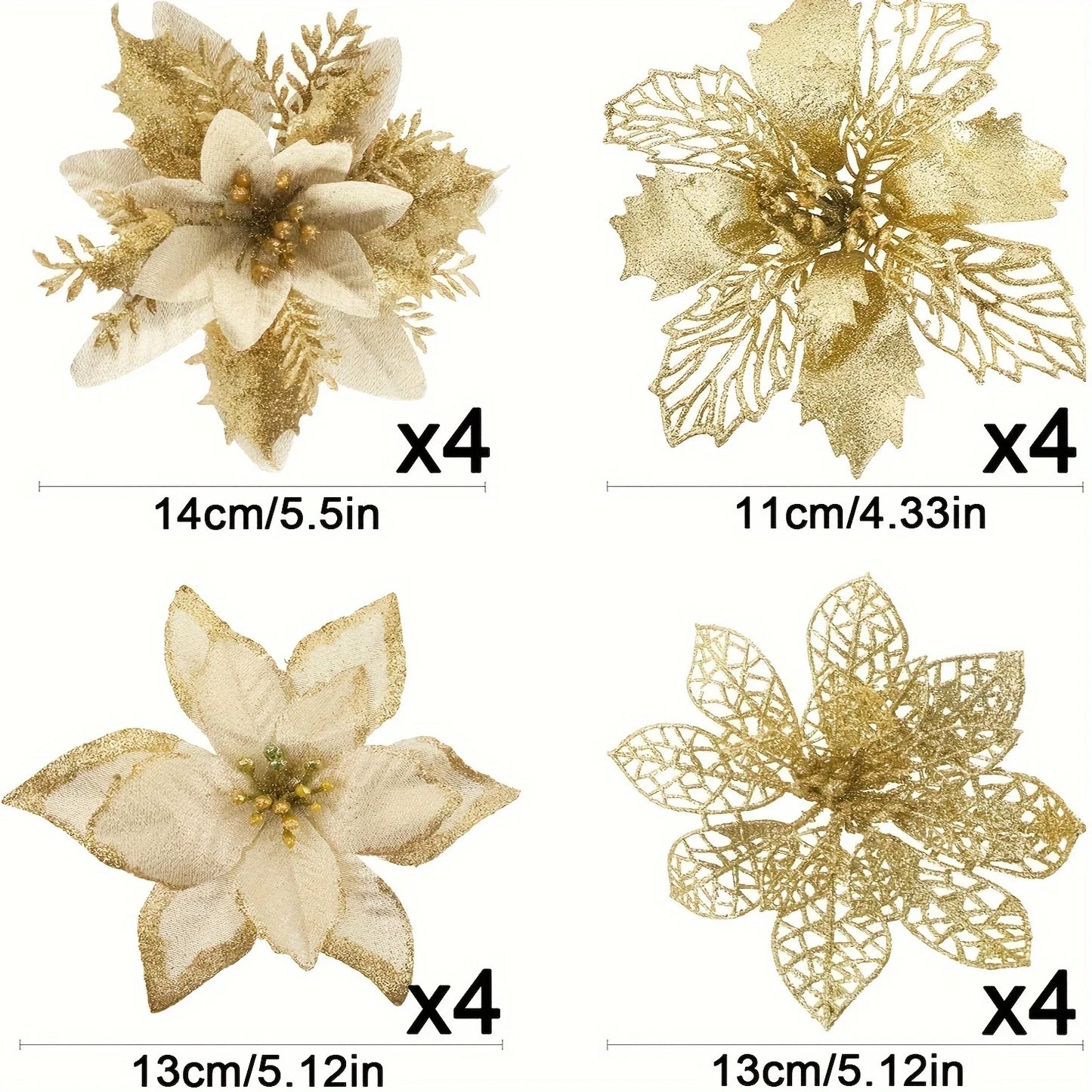 Glitter Artificial Christmas Poinsettia Flowers – 8 or 16 Piece Set