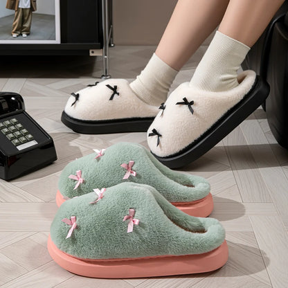Women's Bow Plush Slippers – Warm Non-Slip Indoor House Shoes