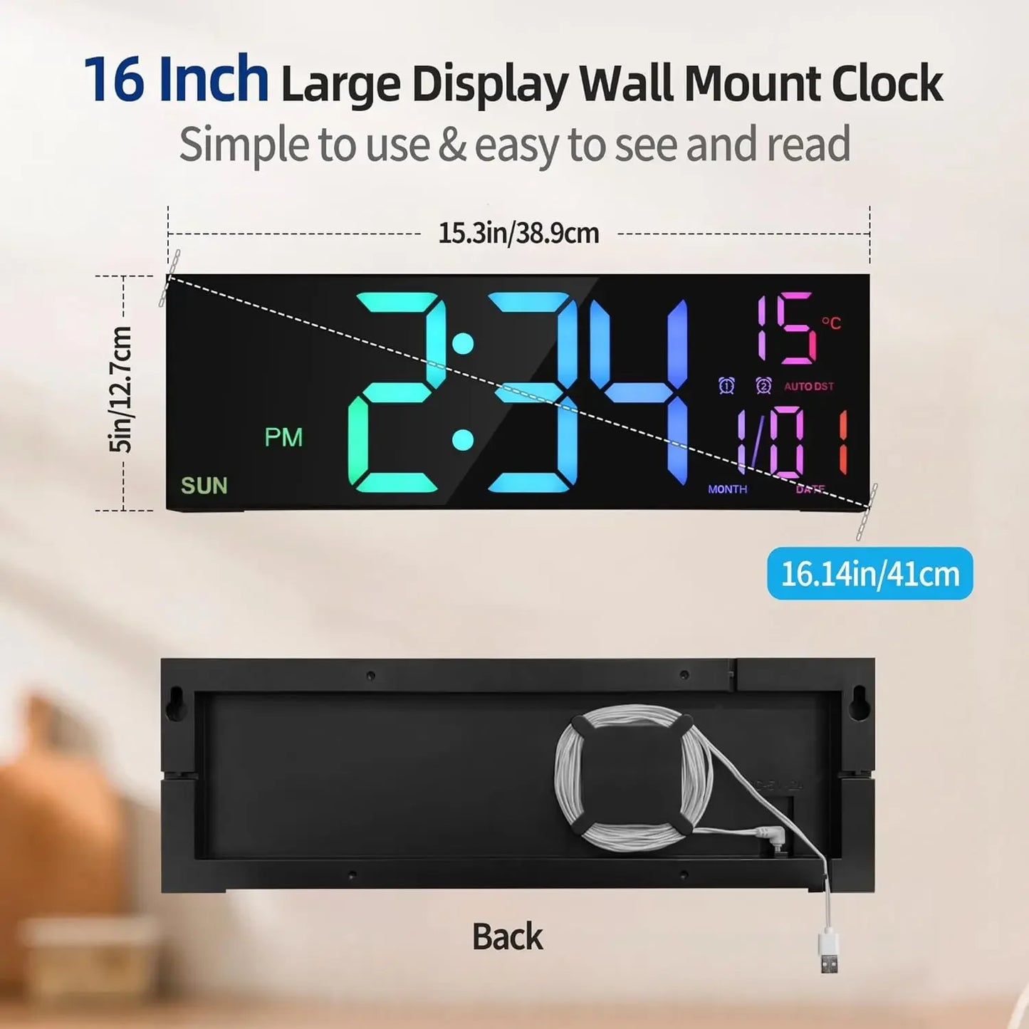 Large Digital LED Wall Clock with Remote Control, Date & Temperature