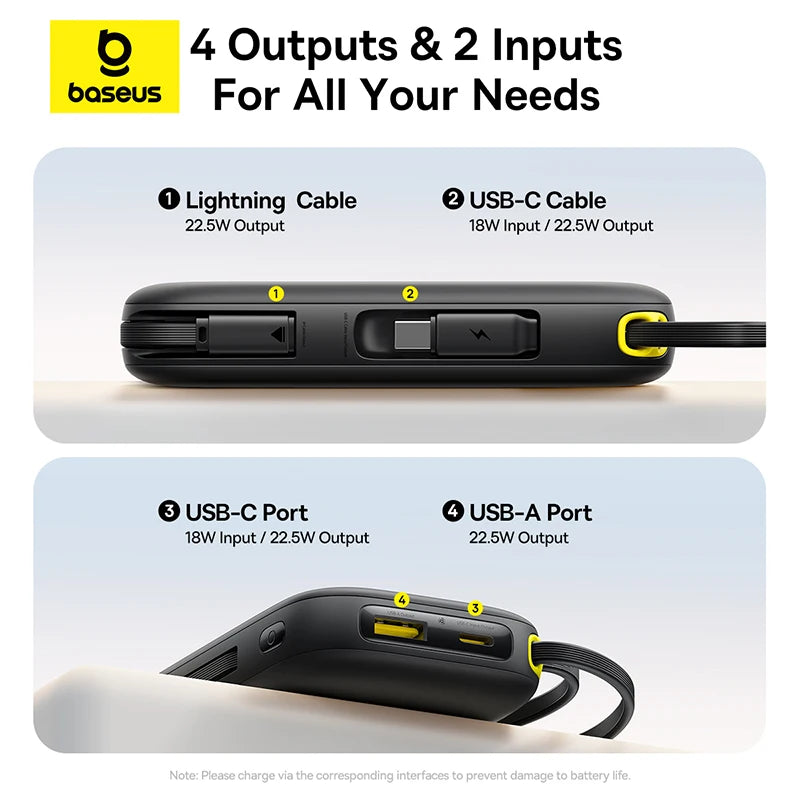 Baseus 22.5W Power Bank with Built-in USB-C & Lightning Cables 10000/20000mAh