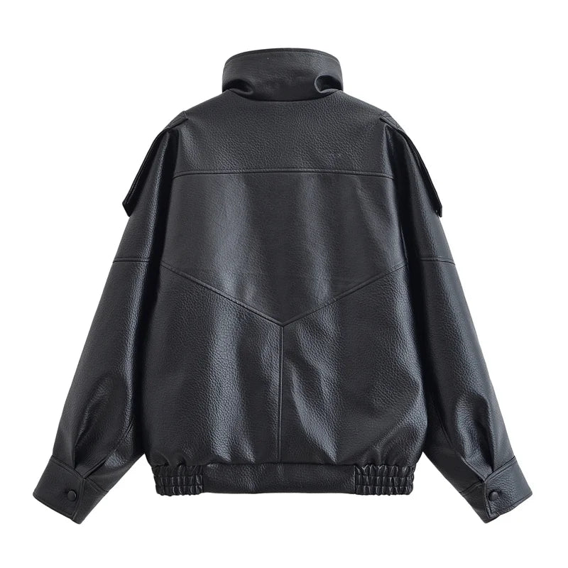 Women's Faux Leather Moto Jacket – Pebble Texture Autumn Coat
