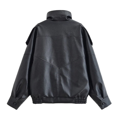 Women's Faux Leather Moto Jacket – Pebble Texture Autumn Coat