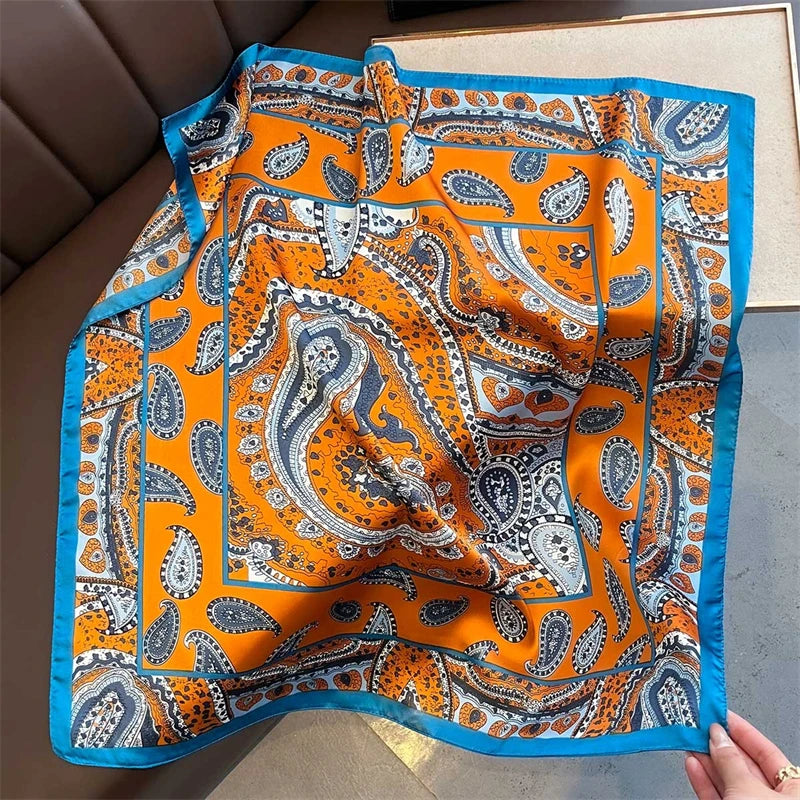 Satin Square Scarf Women Cute Cat Print Headscarf Neckerchief