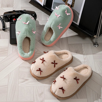 Women's Bow Plush Slippers – Warm Non-Slip Indoor House Shoes