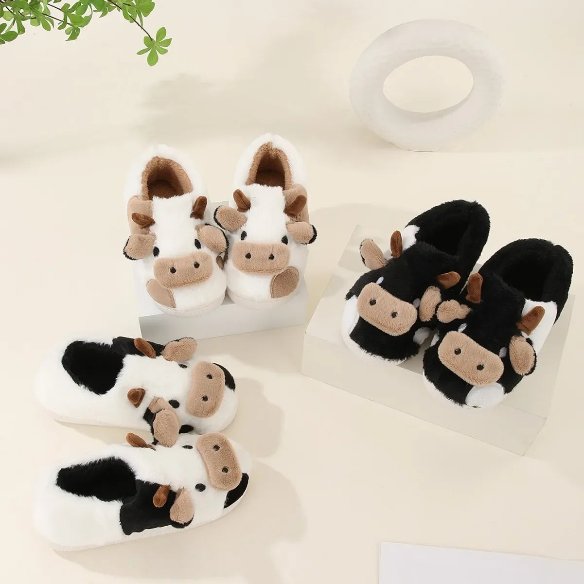 Cartoon Cow Plush House Slippers Warm Anti-Slip Indoor Shoes