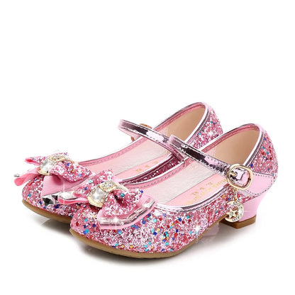 Girls Glitter Dress Shoes with Bow – Kids Low Heel Party Sandals