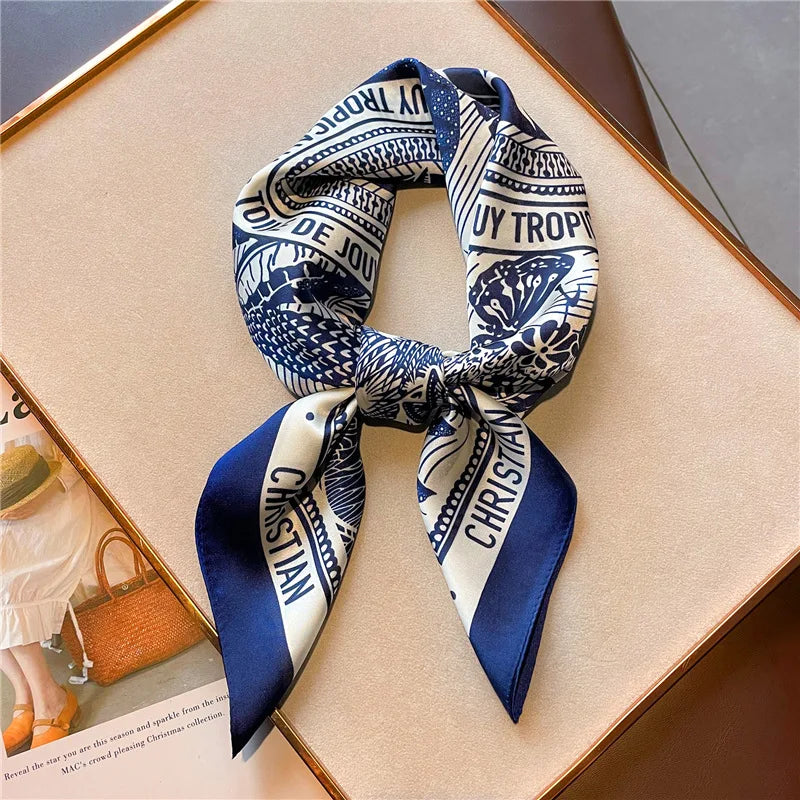 Silk-Feel Square Scarf – Luxury Letter Print Satin Kerchief for Women