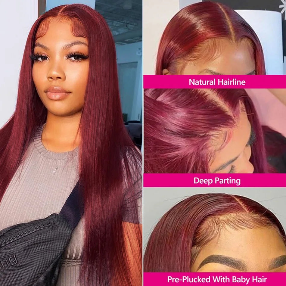 99J Burgundy Straight Human Hair Wig – 13x6 HD Lace Front, Pre-Plucked