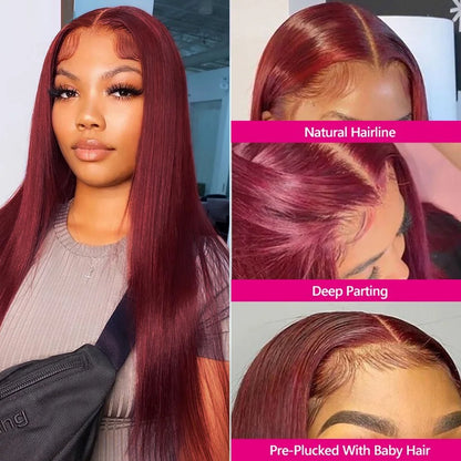 99J Burgundy Straight Human Hair Wig – 13x6 HD Lace Front, Pre-Plucked
