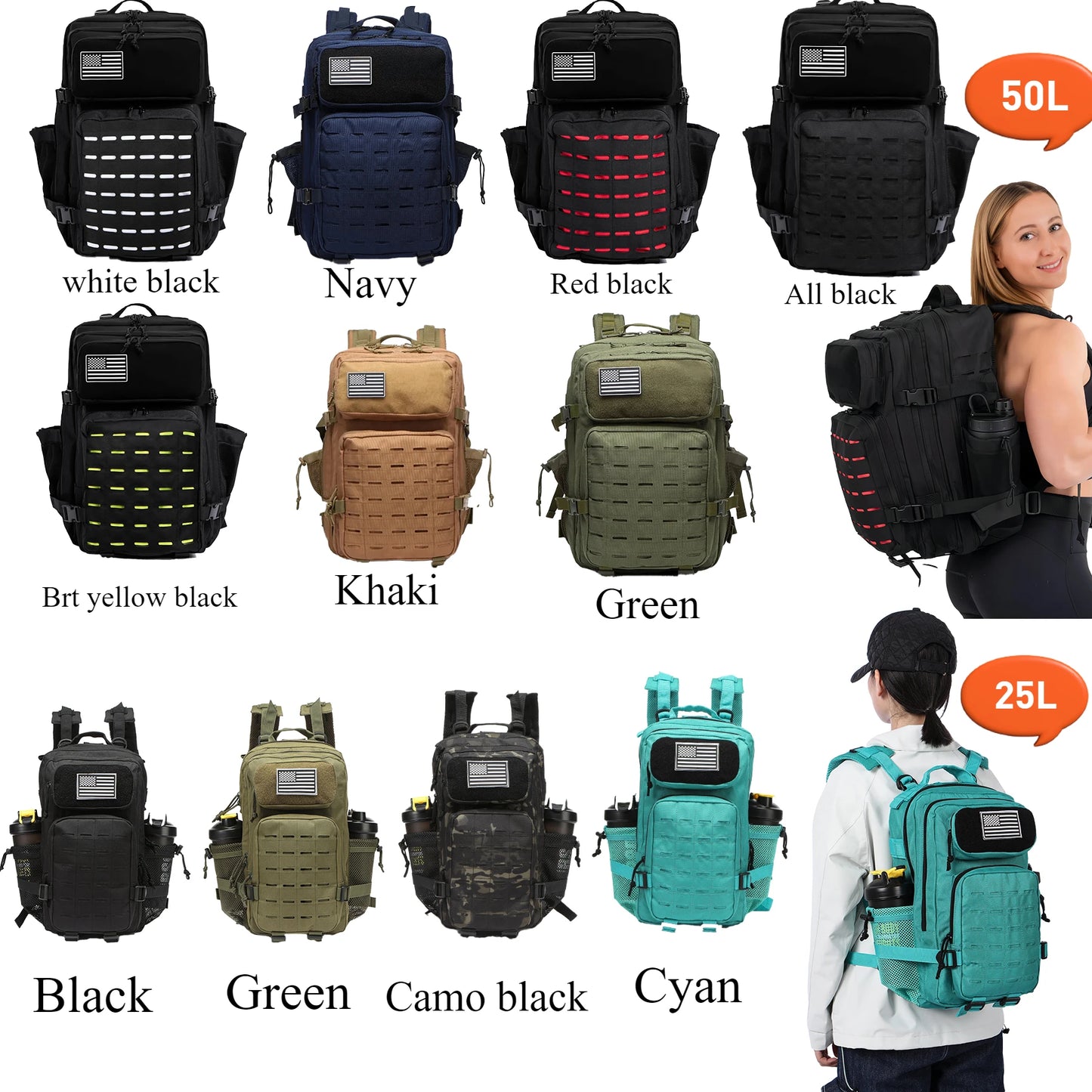 Tactical Backpack 25L/50L MOLLE Military Rucksack with 2 Bottle Holders for Hiking & Outdoor