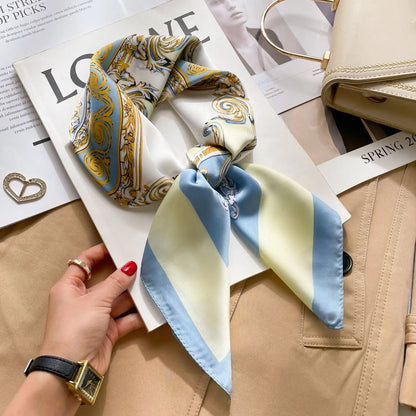 Silk-Feel Square Scarf – Women's Satin Print Neckerchief & Hair Band