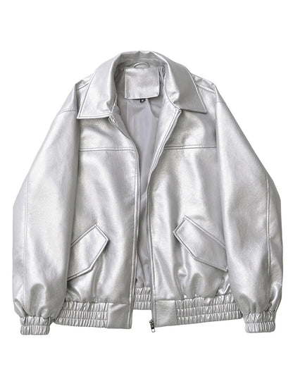 Faux Leather Jacket Women Loose Retro Zip Streetwear Coat