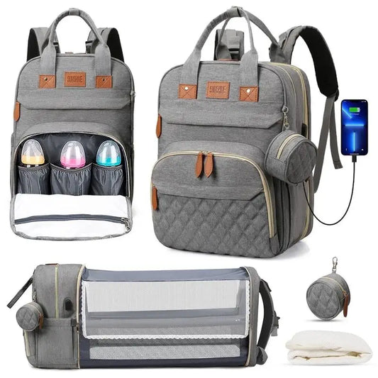 3-in-1 Diaper Bag Backpack – Foldable Baby Bed & USB Charging