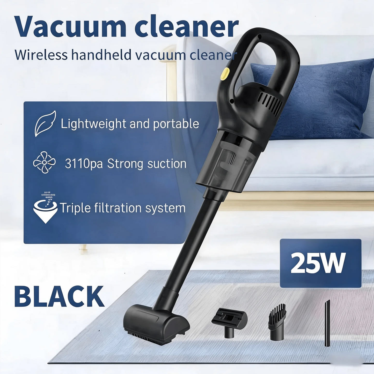 Portable Wireless Handheld Vacuum Cleaner – Car & Home Use with 3 Brush Heads