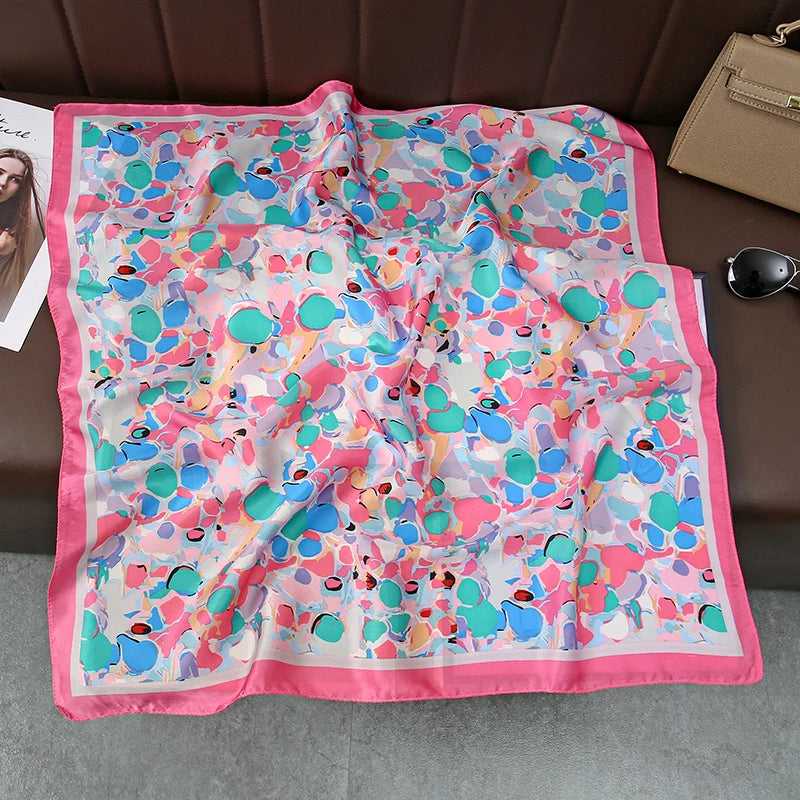 Satin Square Scarf Women Cute Cat Print Headscarf Neckerchief