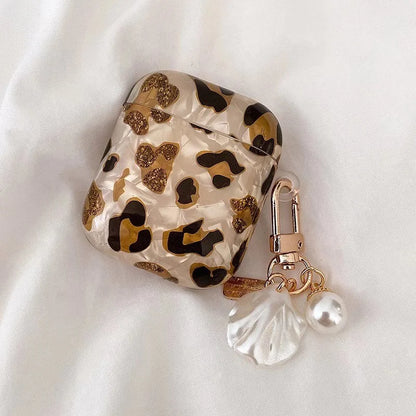 Leopard Print AirPods Case with Pearl Chain – Glossy Protective Cover for AirPods 1/2/3 & Pro